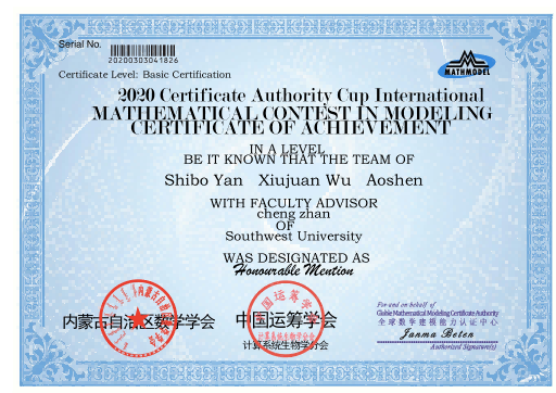 2020 年第九届“认证杯”国际数学建模竞赛 Honorable Mention 证书